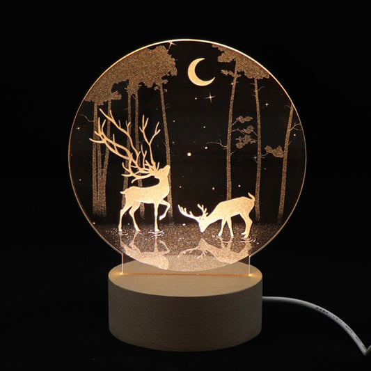 3D LED acrylic night light with deer silhouettes under moon in glowing forest circle