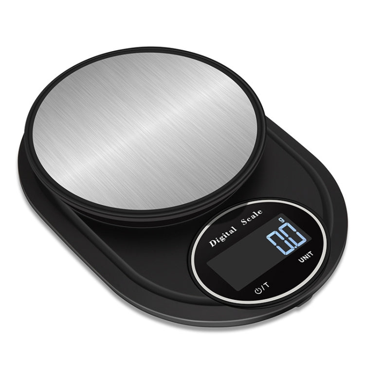 Digital kitchen scale with brushed stainless platform and LCD display showing 0.0