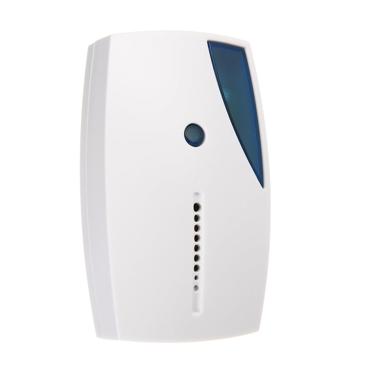 Wireless LED doorbell chime receiver, front view with blue window and indicator dot