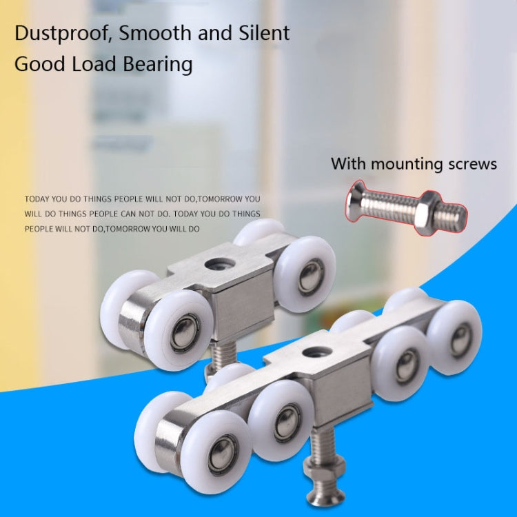 Set of sliding door hanging wheel pulleys with white nylon rollers and mounting screws