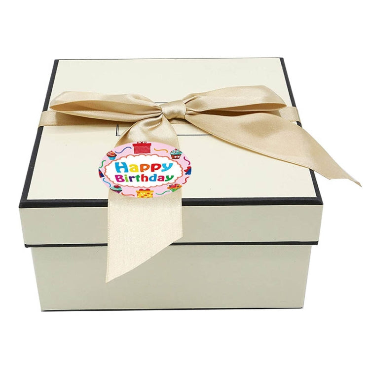 Happy Birthday label sticker on gift box, colorful round sealing label with bow