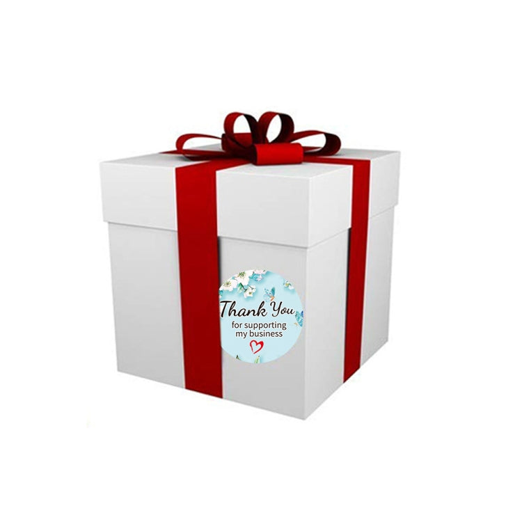 Gift box with round Thank You label sticker, floral design