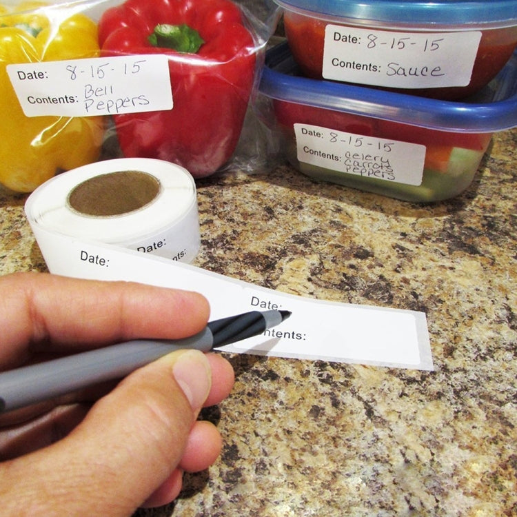 Food container date labels with Date: and Contents: text, hand applying strip