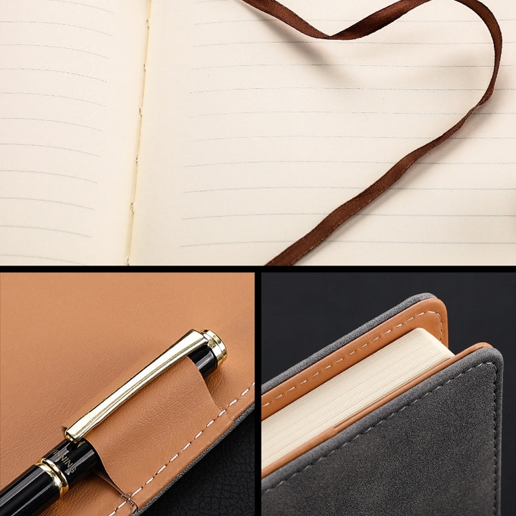 Notebook cover details: brown flap with pen and gray cover with lined pages