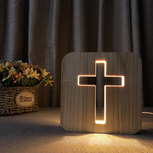 Wooden cross LED night light with glowing outline cross on rounded block base