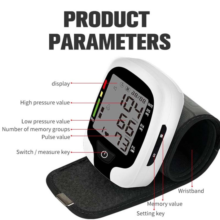 Wrist blood pressure monitor product parameters diagram with display and wristband