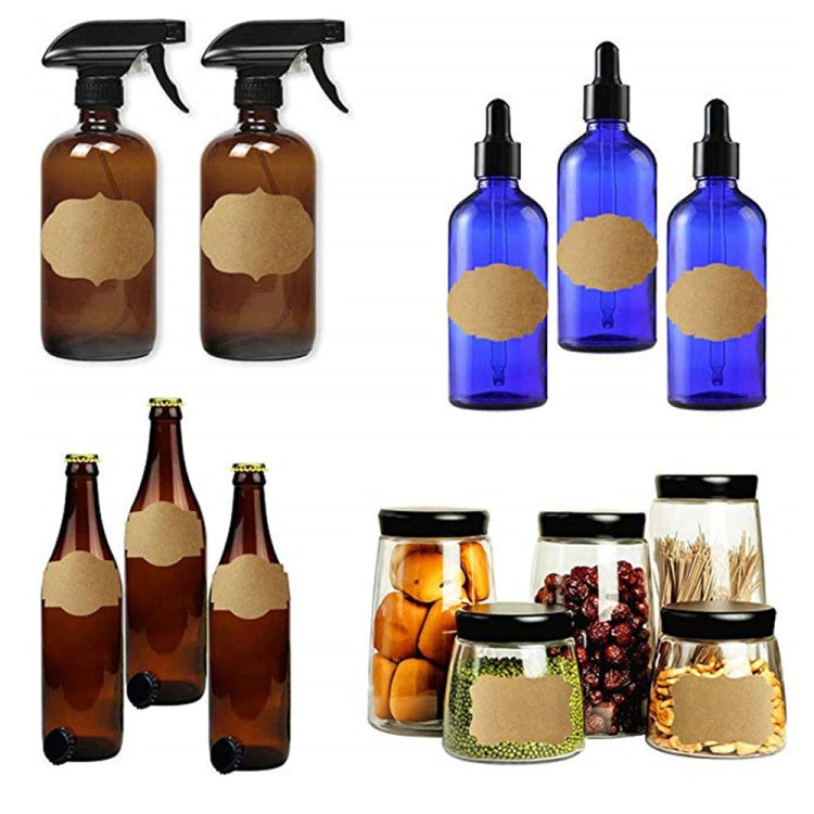 Kraft paper label stickers applied to bottles, jars, and containers
