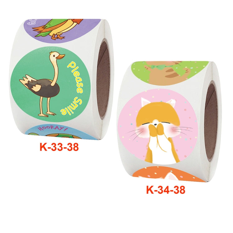Two rolls of kids reward stickers with round animal labels: bird and cat designs