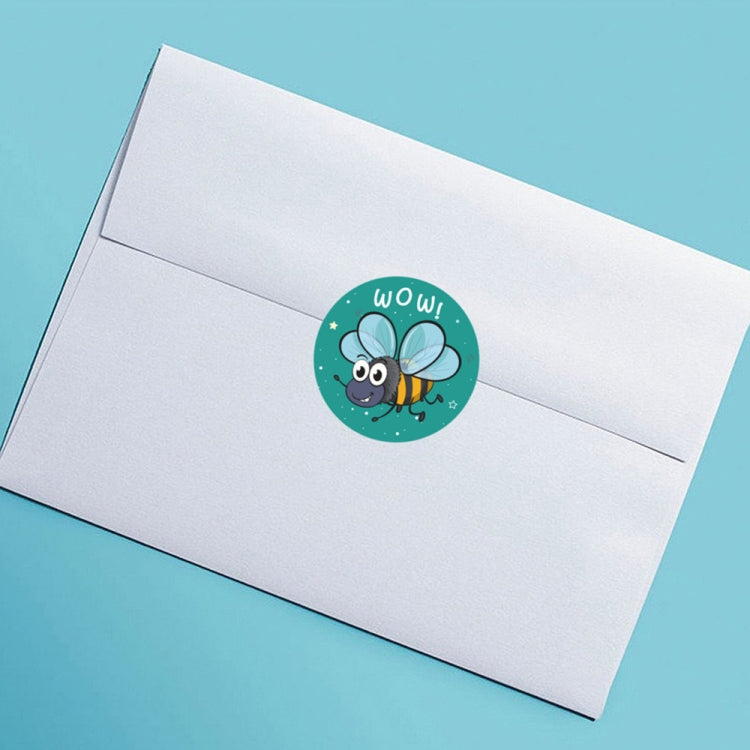 Children reward sticker label on white envelope flap, single round bug cartoon sticker