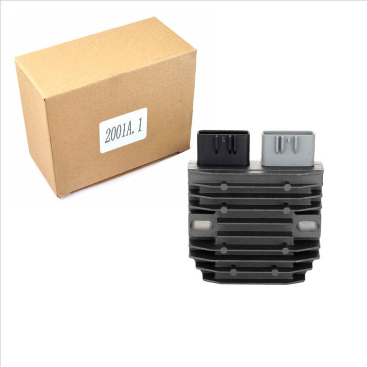 Motorcycle rectifier/regulator shown with shipping box and black heatsink unit