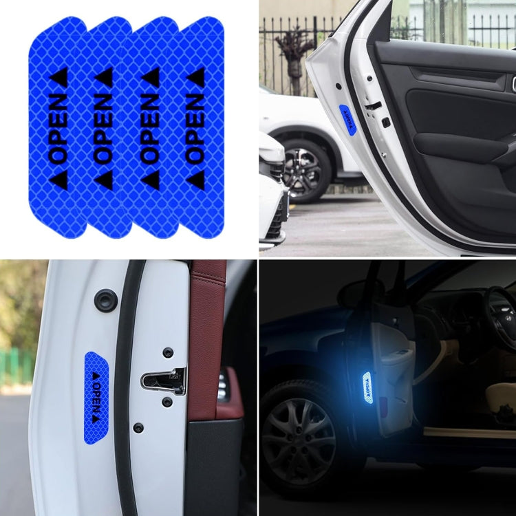 Blue reflective OPEN door sticker set applied on car door panels