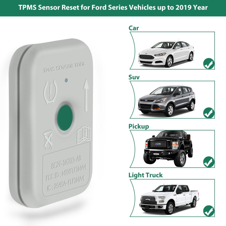TPMS sensor reset tool next to vehicle icons for cars, SUVs, pickups, and trucks