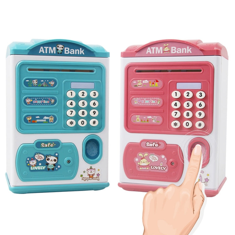 Blue and pink ATM-style money box safes; finger pressing the pink keypad and sensor