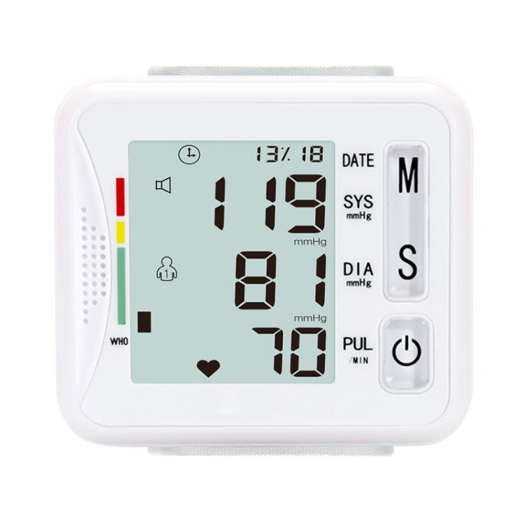 White wrist electronic sphygmomanometer with LCD displaying SYS 119, DIA 81, PUL 70.