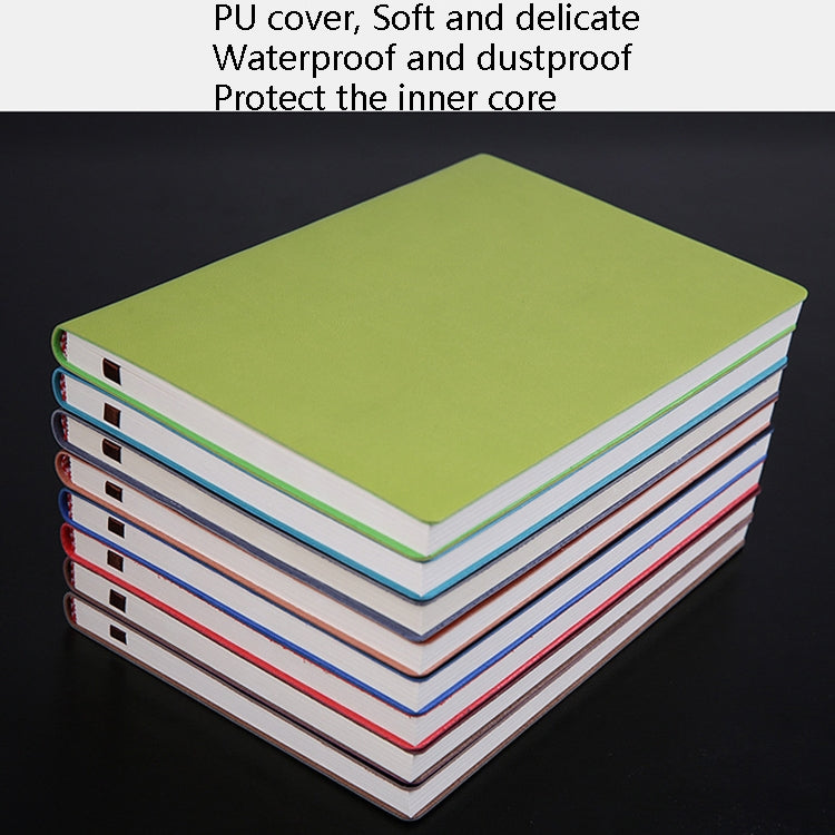 Stack of A5 PU notebooks with a green top cover and multicolor sides