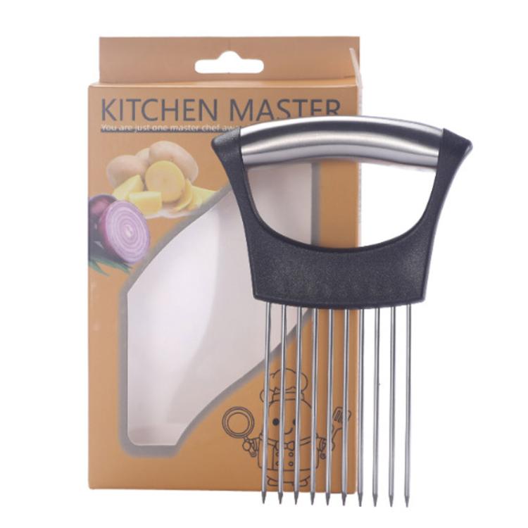 Onion slicing fork holder shown on package: black frame and stainless steel pins