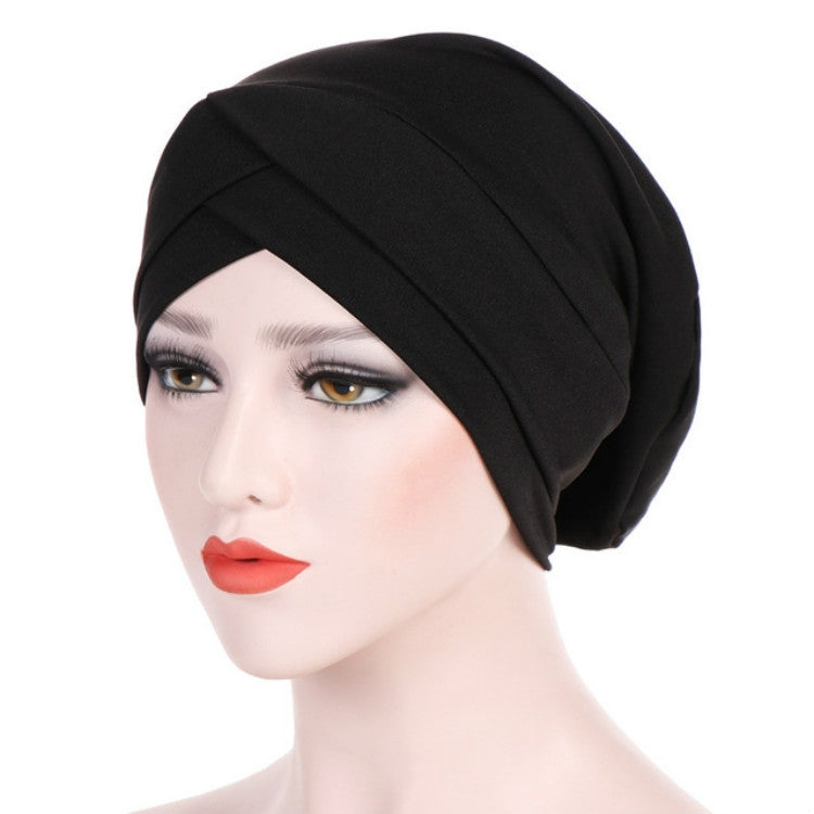 Black stretch headscarf cap with forehead cross wrap and snug fit