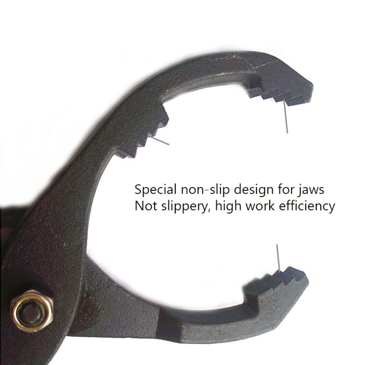 Non-slip serrated jaw ends on oil filter wrench pliers with red grip accents