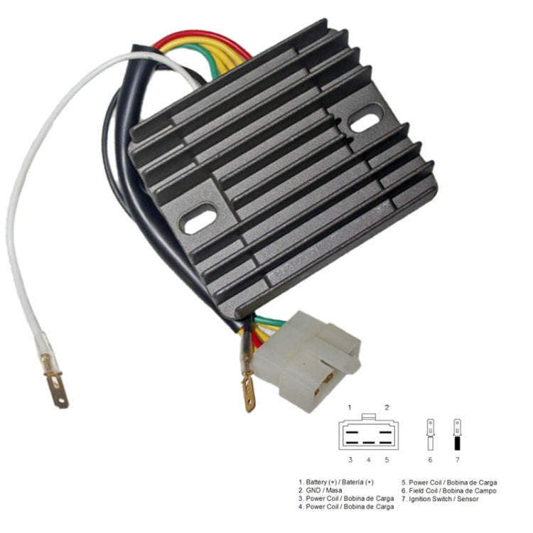 Motorcycle rectifier with black heatsink, wire harness, and visible terminal connections