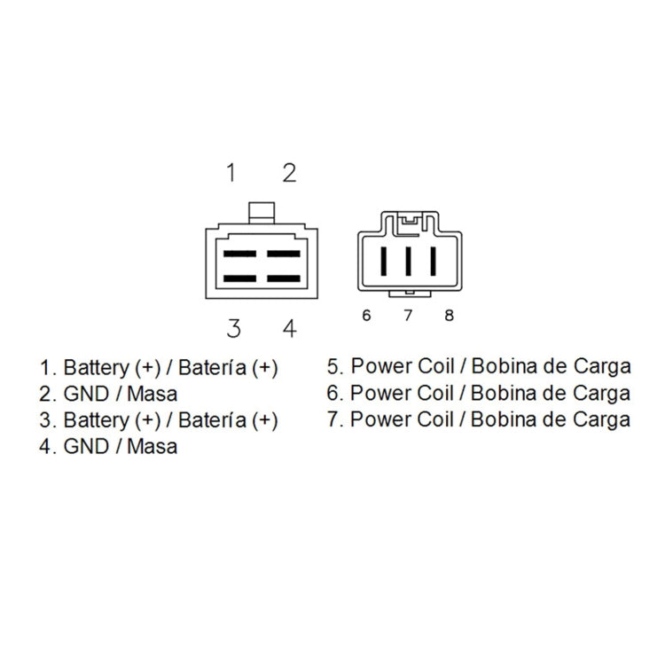Motorcycle rectifier wiring diagram with numbered terminals 1–8 and icon labels