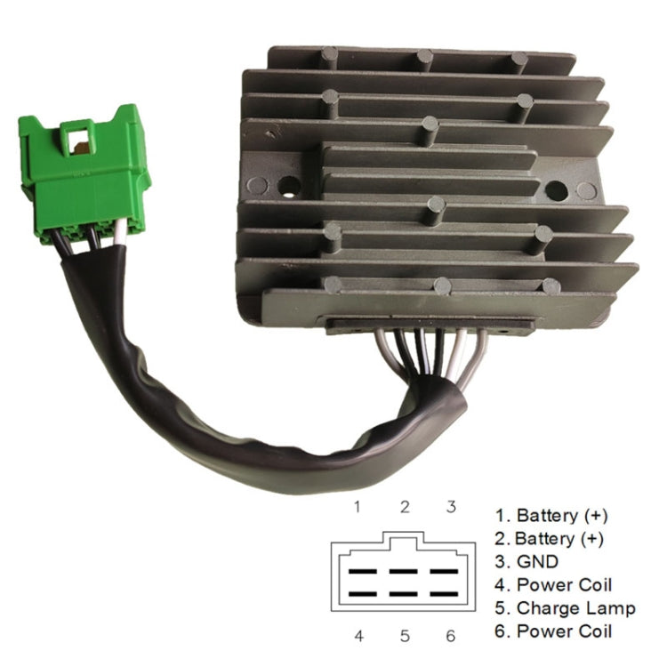 Motorcycle rectifier/regulator with metal heat sink, black wires, and green connector plug