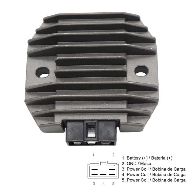 Motorcycle rectifier/regulator with gray finned housing and front 4-pin connector