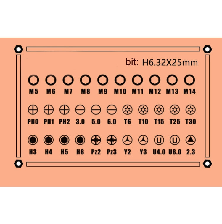 38-in-1 ratchet screwdriver bit set with labeled hex, Torx, Phillips bit sizes