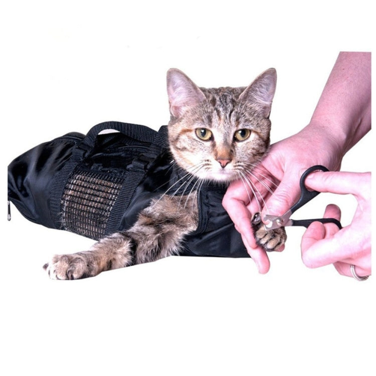 Black cat grooming bath bag with mesh restraint and zipper closure, cat secured