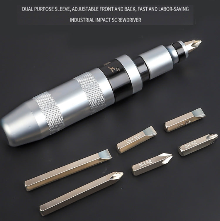 Impact screwdriver bit set with silver metal handle and multiple flat screwdriver tips