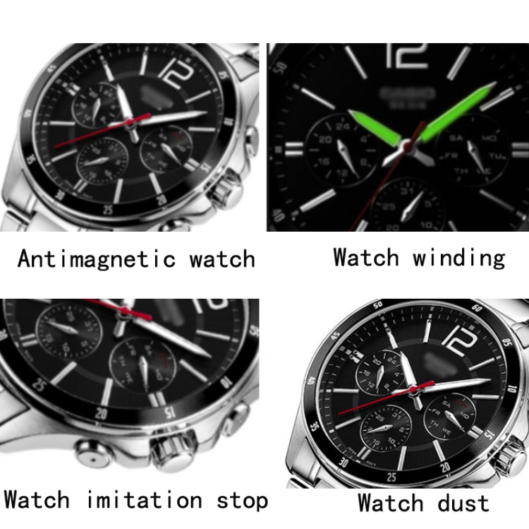 Stainless steel chronograph watch close-up with black dial and red hands