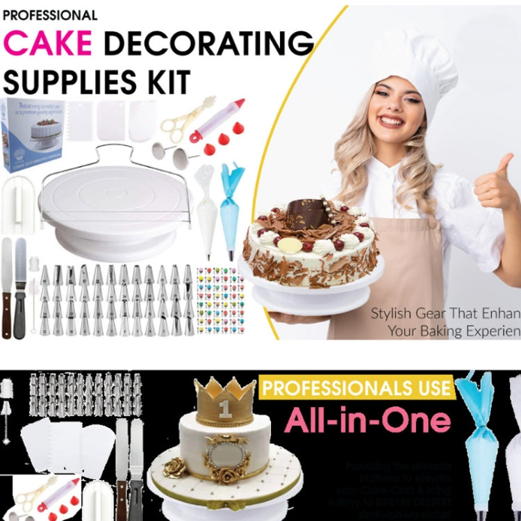 All-in-one cake decorating supplies kit with turntable, piping tips, and nozzles