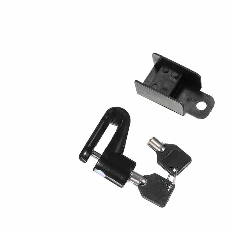Electric scooter disc brake lock mechanism with black bracket and keys.