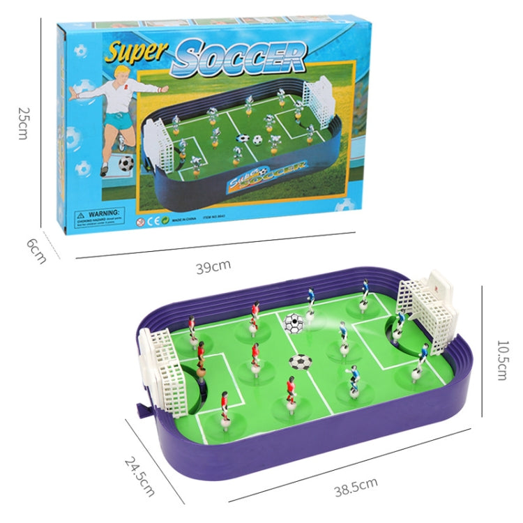Boxed soccer football table toy with green pitch, purple frame, goals, and mini players