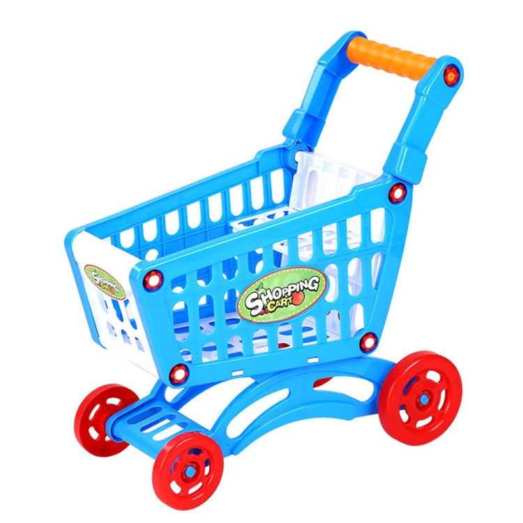 Blue plastic push shopping cart toy with orange handle and red wheels