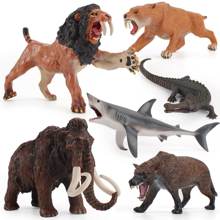 Prehistoric animal model set with multiple figures including mammoth, lion, tiger, shark, wolf, and crocodile