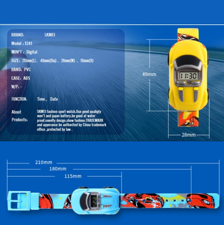 Children’s digital watch with yellow case, light blue strap, and cartoon car graphics
