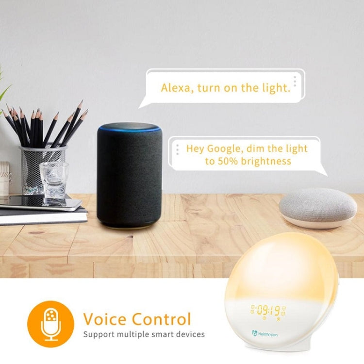 Voice-controlled sunrise alarm clock night light with glowing display and app control