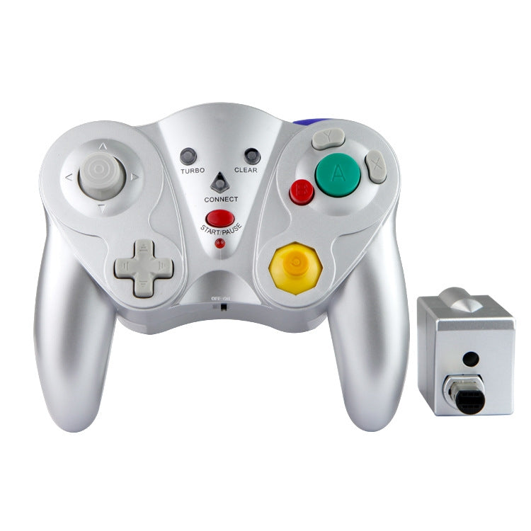 Silver wireless gamepad controller with colored buttons and small USB-style adapter