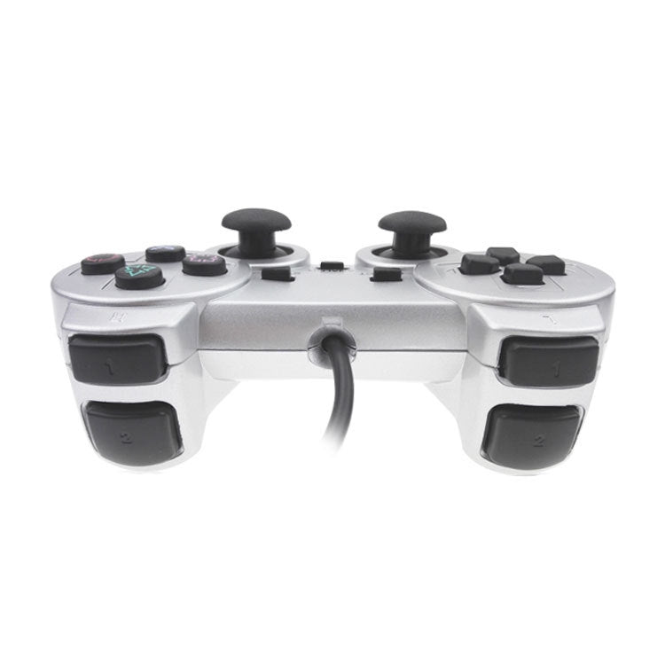 Wired gamepad with silver body, rear grips and triggers, with cable connection