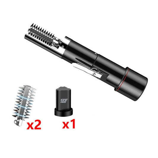 Black electric scraper tool with universal cutter head attachment and rechargeable battery