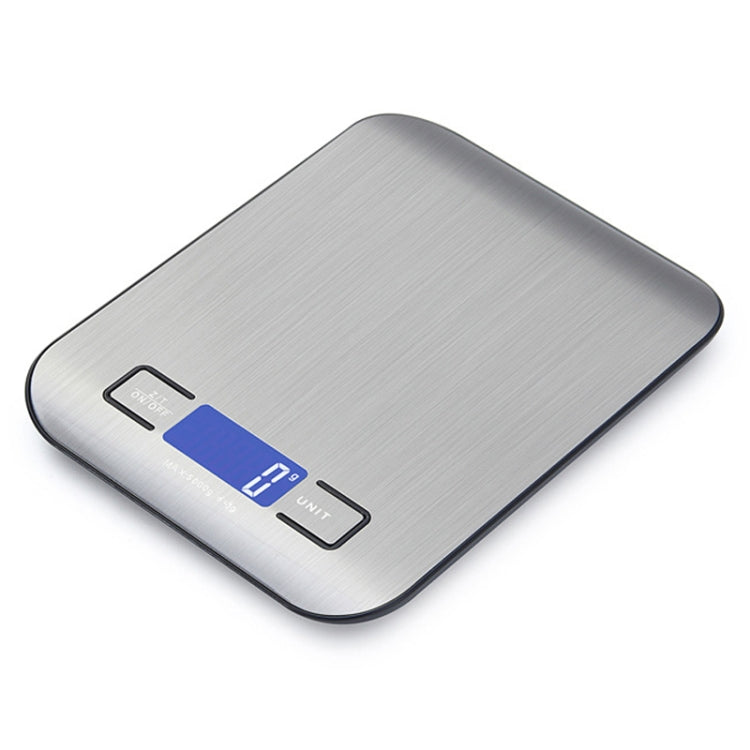 Silver stainless steel digital kitchen scale with blue LCD display and sleek buttons