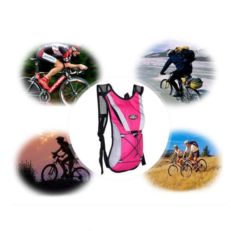 Pink cycling hydration vest with white stripes, black mesh shoulders, front zip pocket