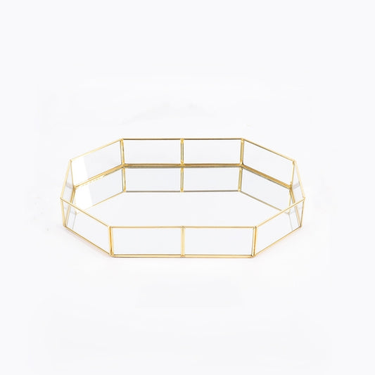 Glass Storage Tray Golden Retro Polygon Mirror Tray Brass Desktop Cosmetics Storage Tray, Polygon Large, Polygon Small, Octagonal Plate, Beauty Brush Bucket
