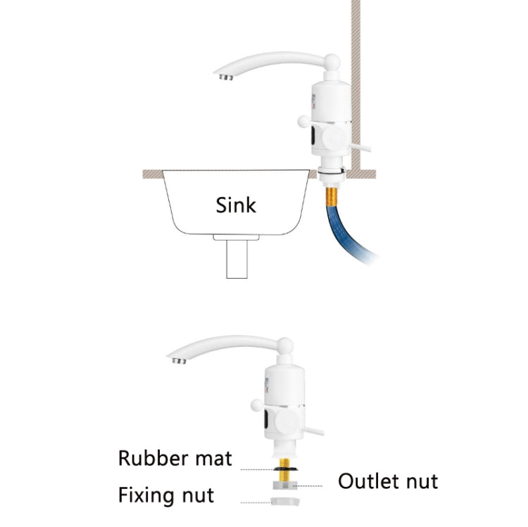 Instant hot water electric faucet installation diagram with white wall-mounted unit and tubing