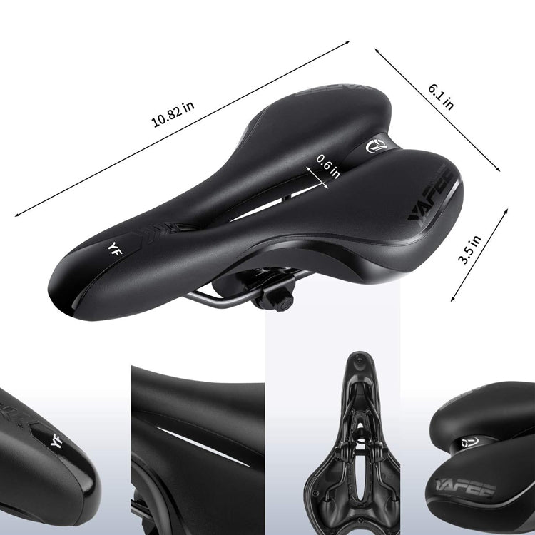 Black bicycle saddle with ventilation cutout and shown size measurements