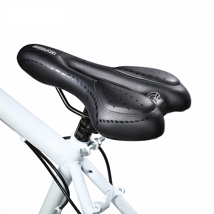 Black bicycle saddle on bike frame with perforations and center cutout.