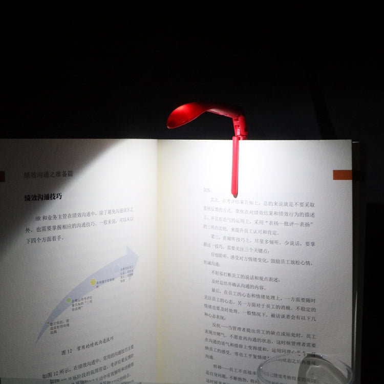 Red clip-on LED book light illuminating an open book page