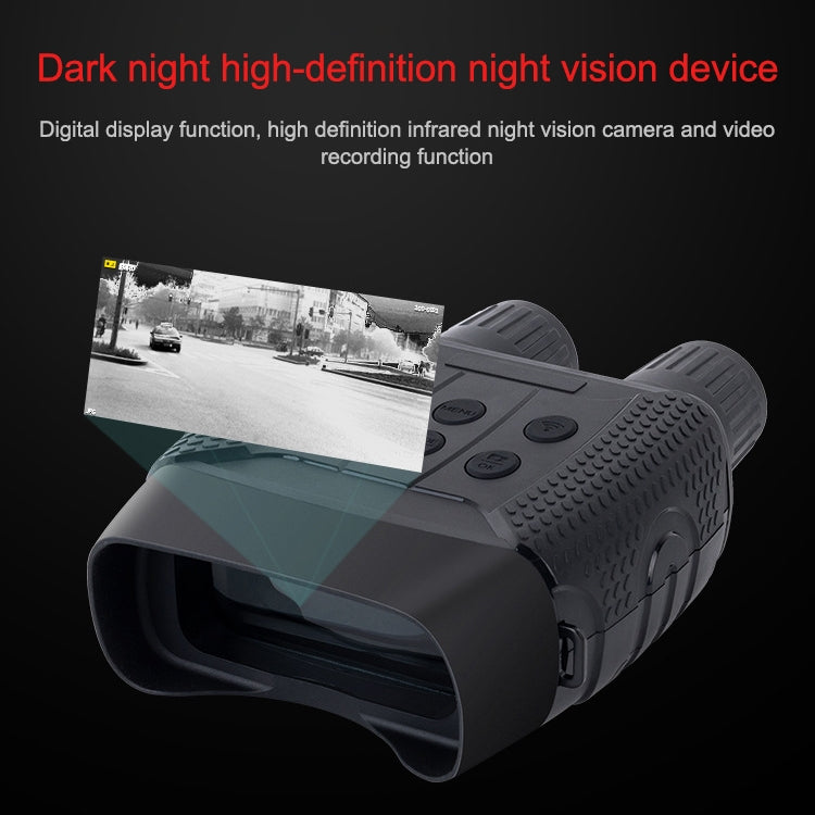 Black binocular night vision device with display overlay and textured right side grip