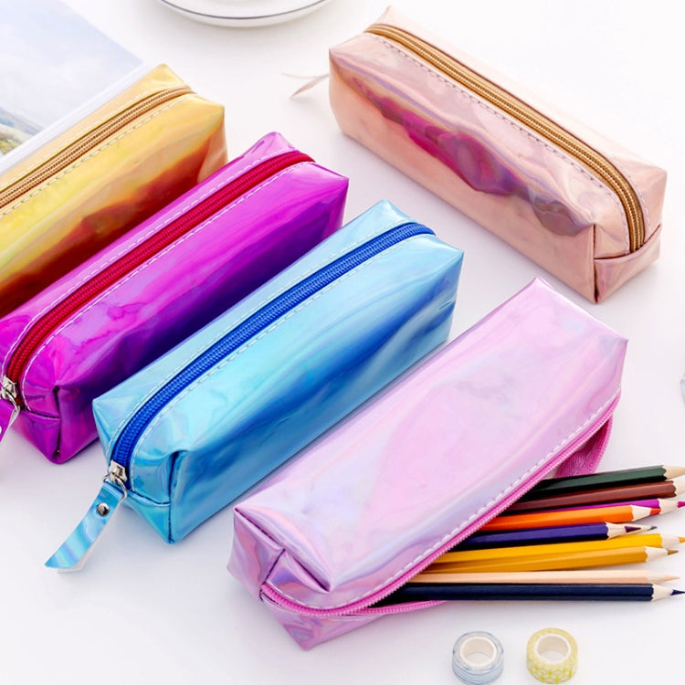 Iridescent PU pencil cases in assorted glossy colors with zipper closures
