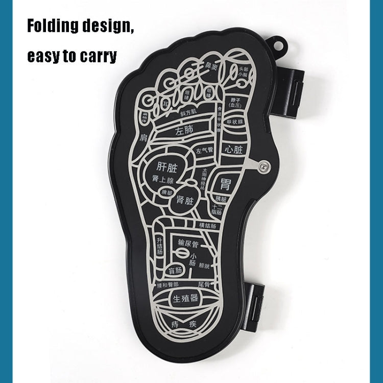 Foldable black foot massager pad with white acupressure-style diagram and side straps